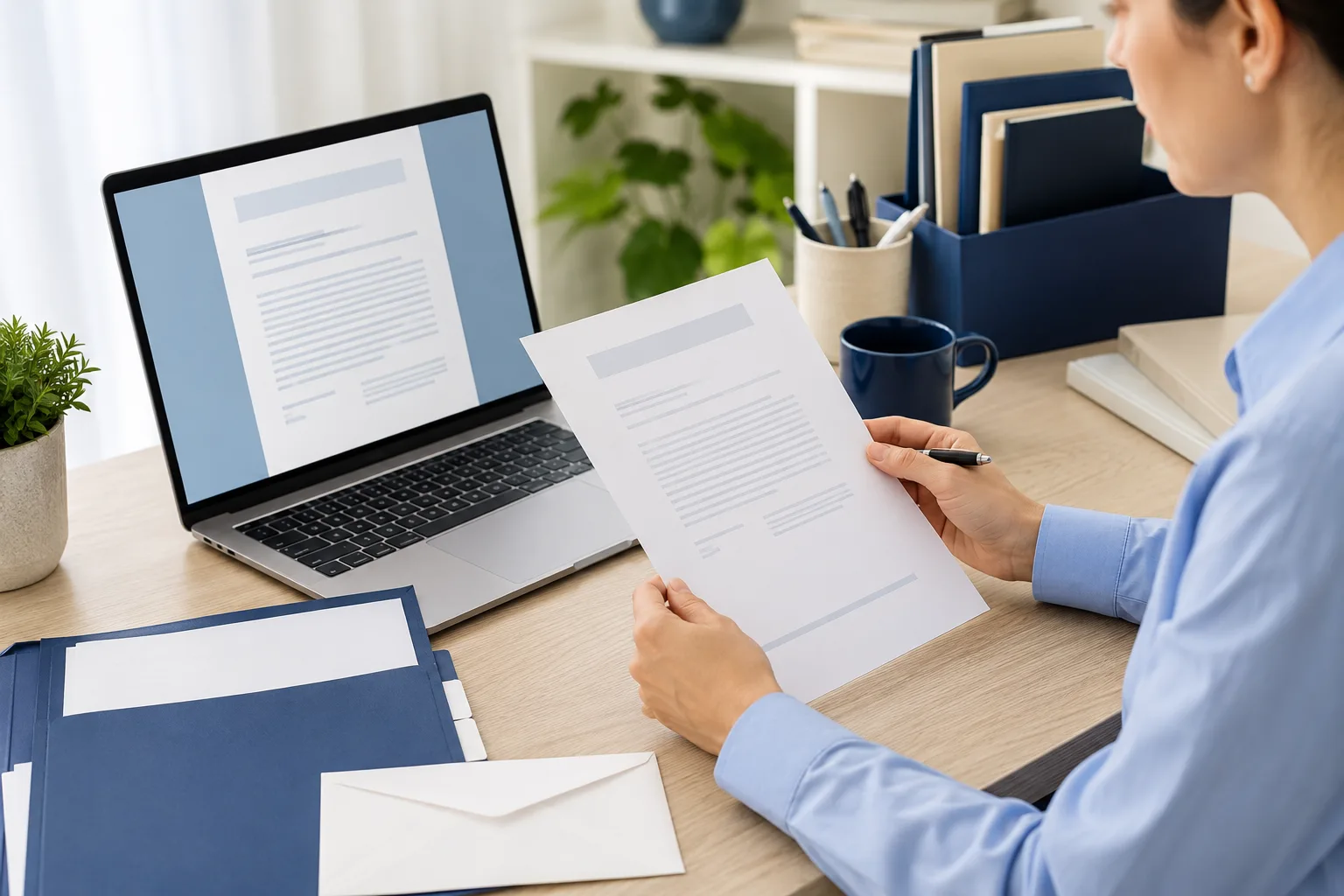 A professional reviewing a printed letter against its final digital version before sending