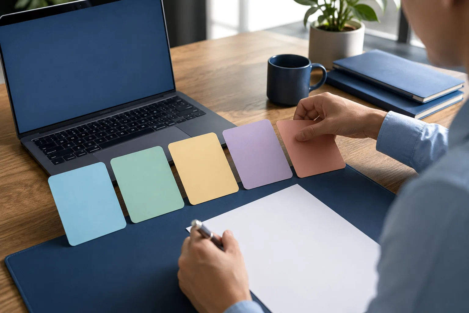 Five planning cards representing the BRIEF framework beside a laptop and letter draft