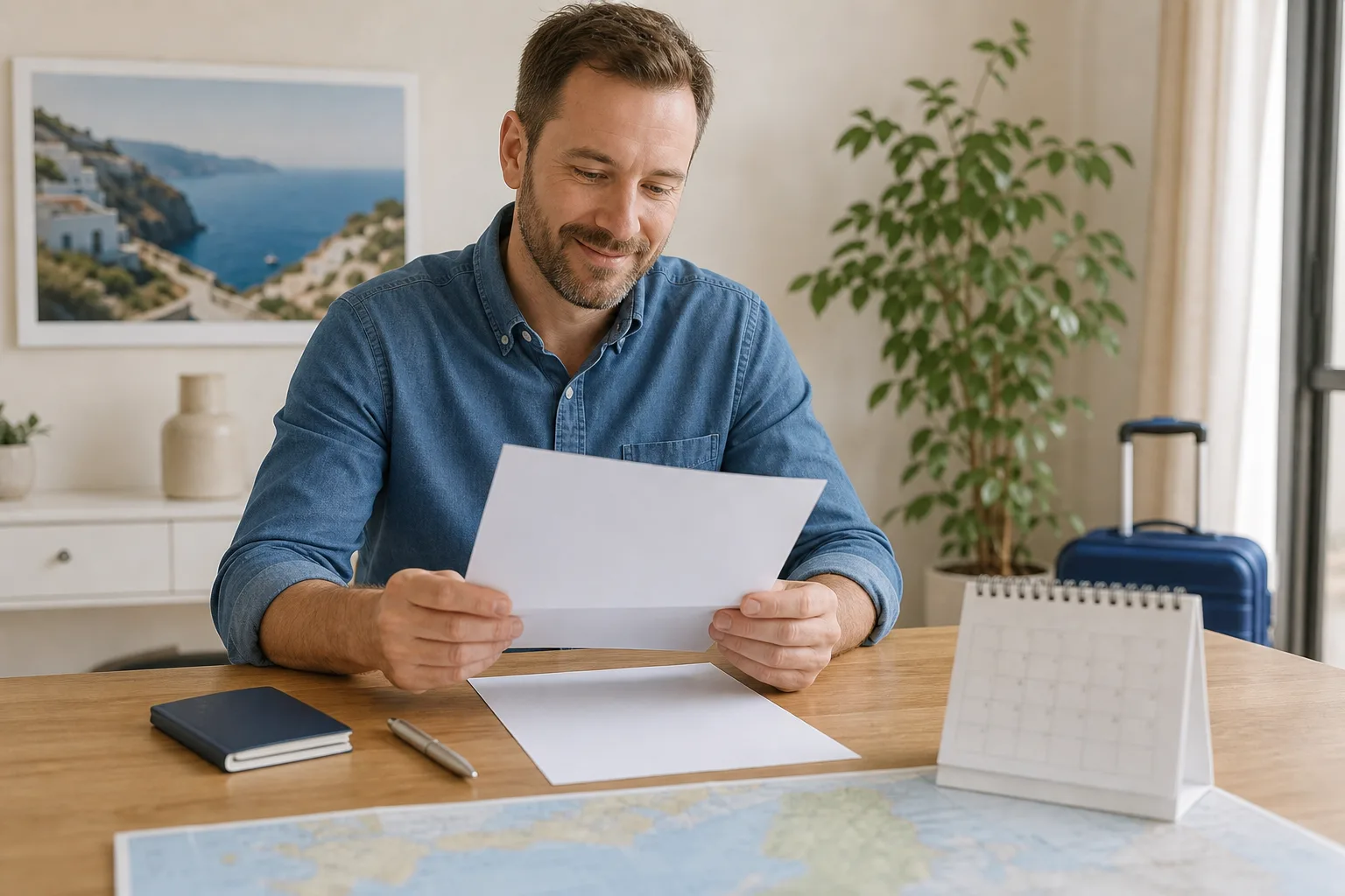 A host reviewing a visa invitation letter with travel documents and a calendar
