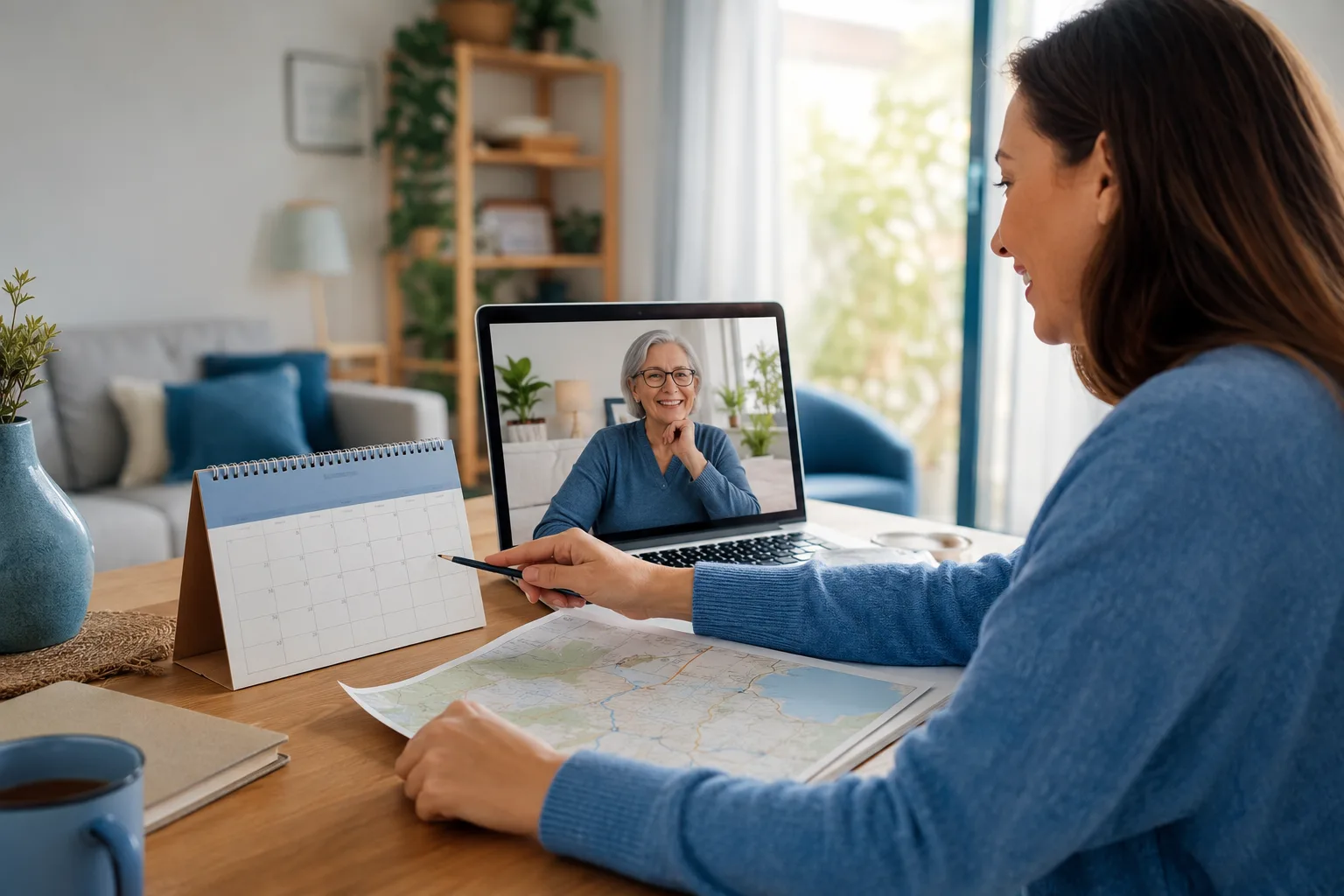 Two relatives planning the dates and details of an international family visit
