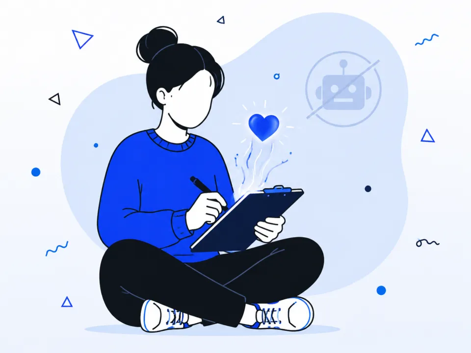 Illustration of a person writing a warm, human letter, contrasted with a crossed-out robot icon