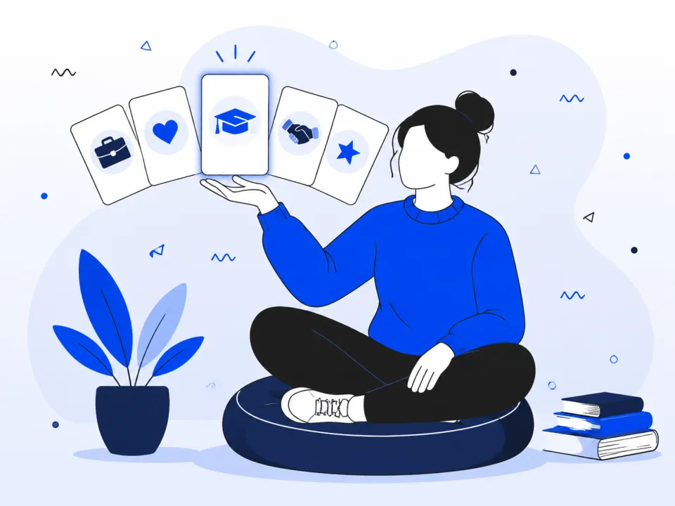 Illustration of a person choosing between different letter types, each represented by an icon