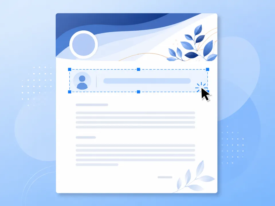 Illustration of a letterhead banner with editable name and email text in a letter editor