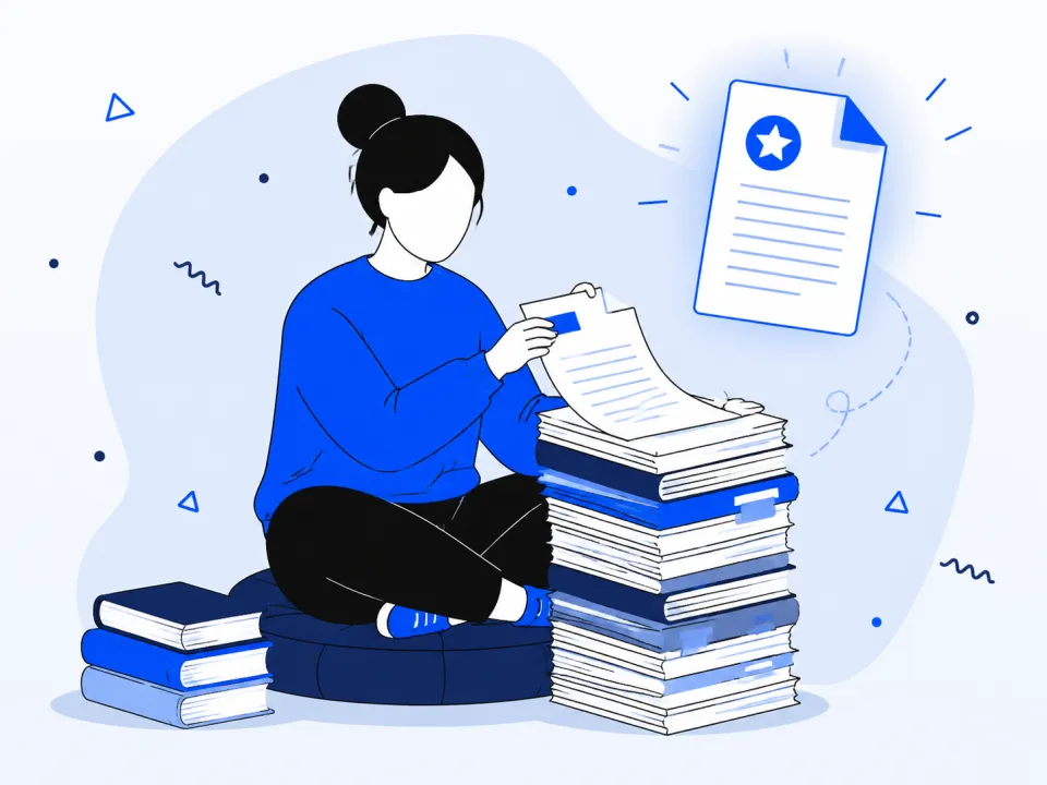 Illustration of a person browsing a large stack of professional letter templates
