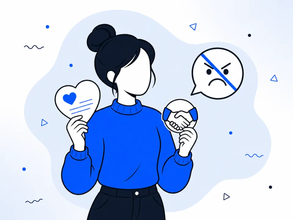 Illustration of a thank-you note contrasted with a crossed-out complaint